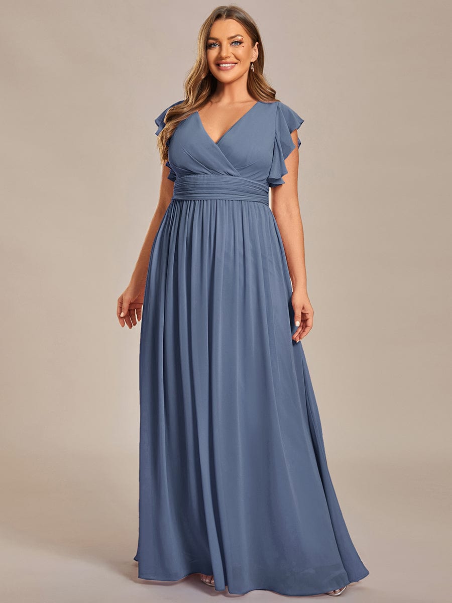 Plus Size Chiffon Pleated A-Line Back CutouT Dress #color_Dusty Blue