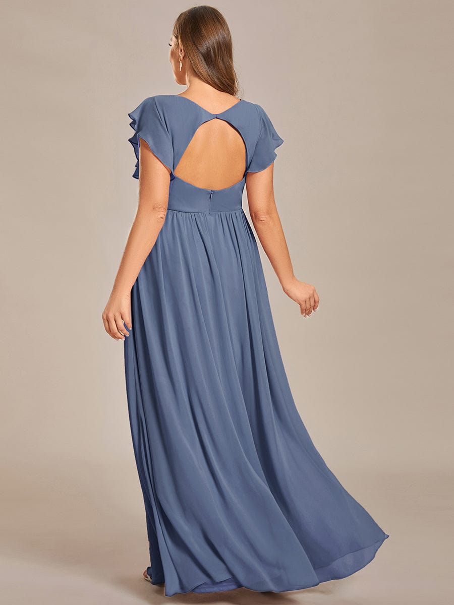 Plus Size Chiffon Pleated A-Line Back CutouT Dress #color_Dusty Blue