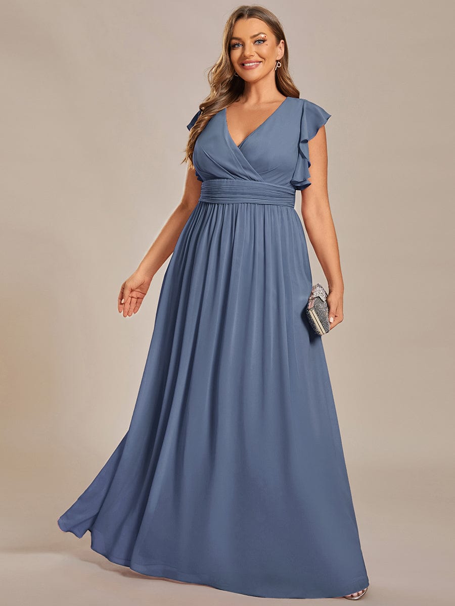 Plus Size Chiffon Pleated A-Line Back CutouT Dress #color_Dusty Blue