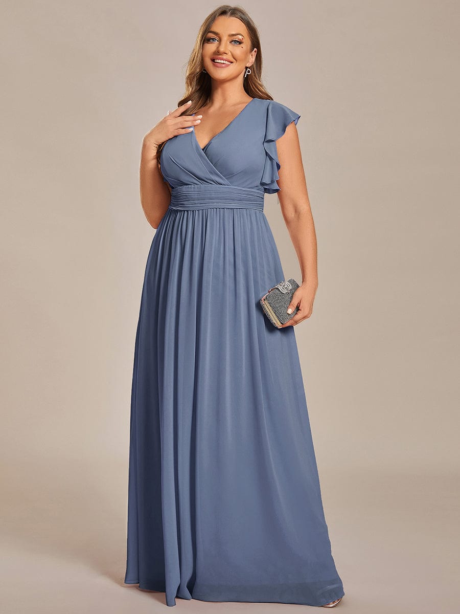 Plus Size Chiffon Pleated A-Line Back CutouT Dress #color_Dusty Blue