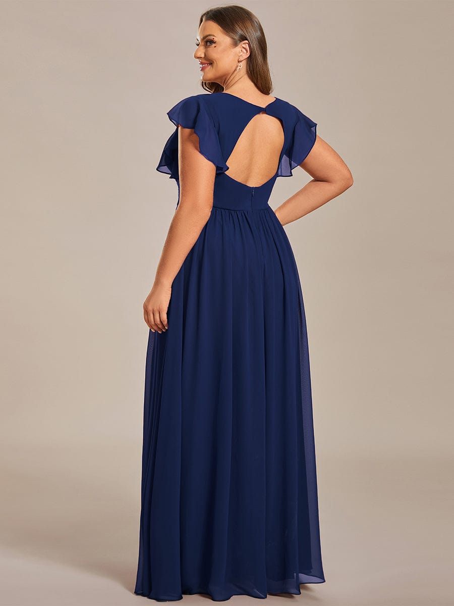 Plus Size Chiffon Pleated A-Line Back CutouT Dress #color_Navy Blue