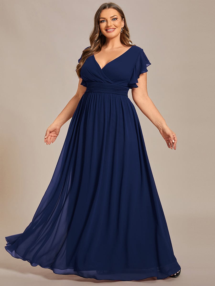 Plus Size Chiffon Pleated A-Line Back CutouT Dress #color_Navy Blue