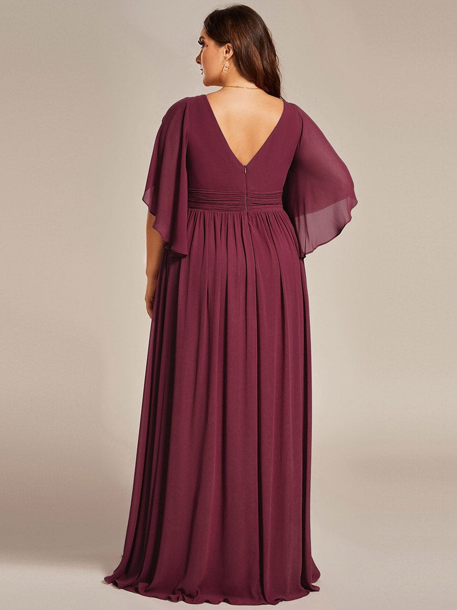 Plus Size Half Sleeve Pleated Chiffon Dress #color_Burgundy