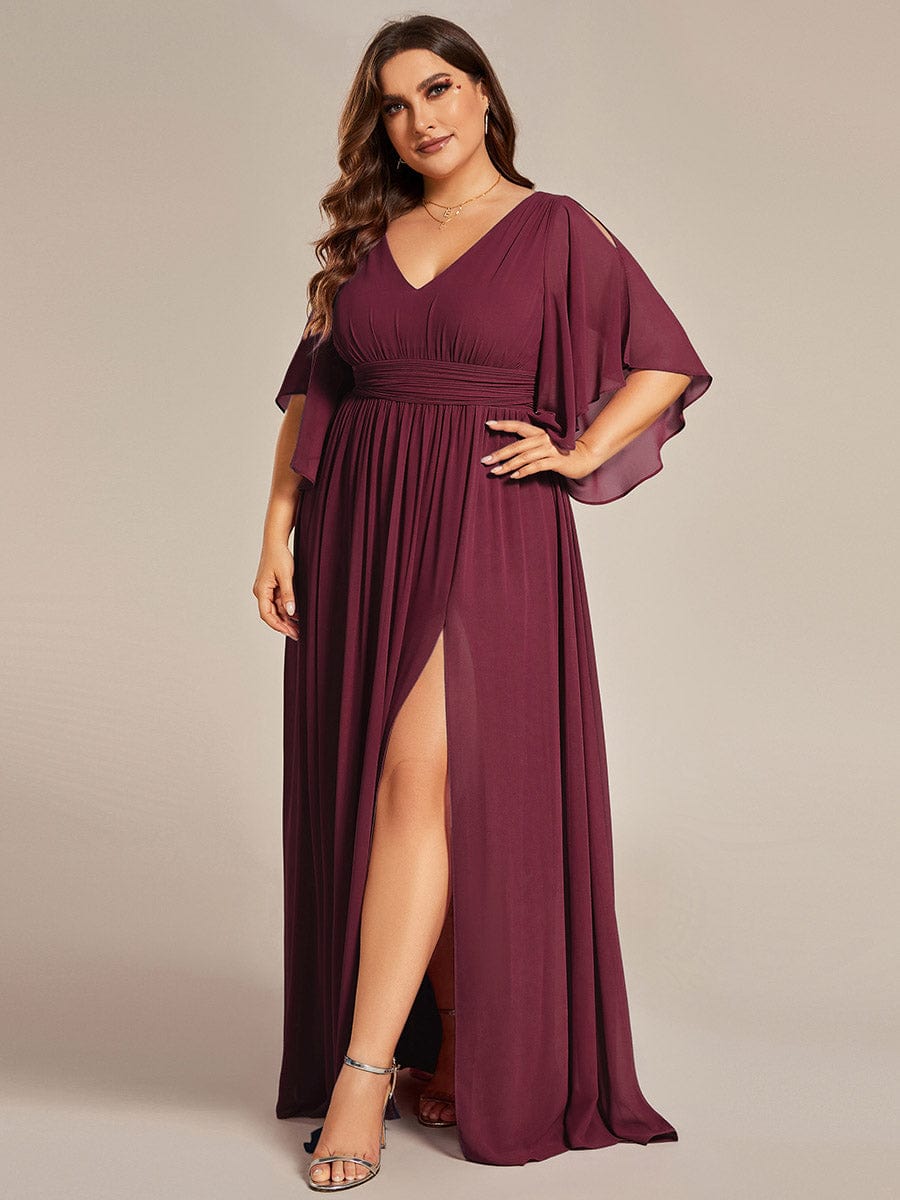 Plus Size Half Sleeve Pleated Chiffon Dress #color_Burgundy