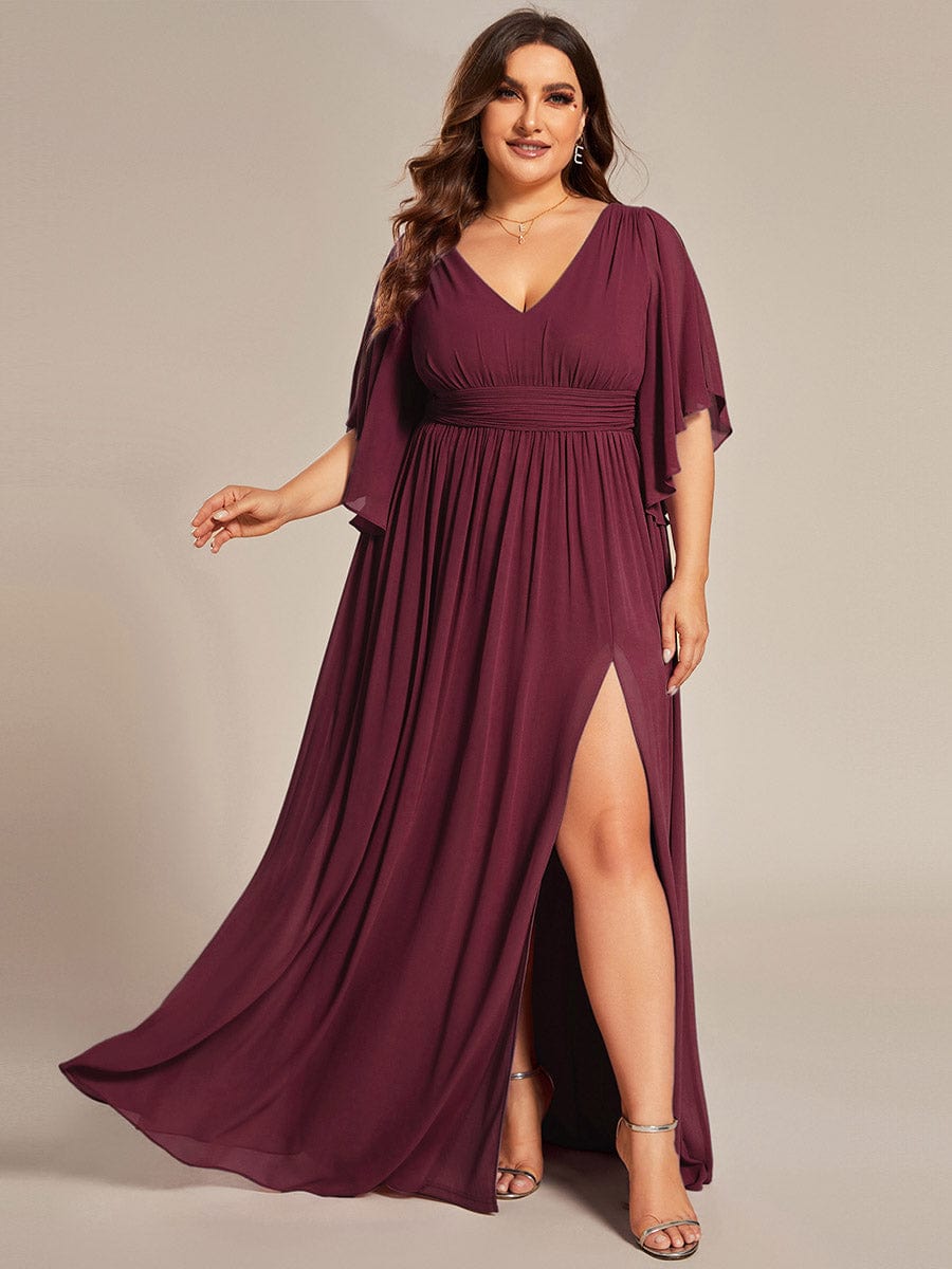 Plus Size Half Sleeve Pleated Chiffon Dress #color_Burgundy