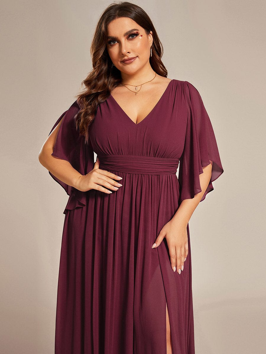 Plus Size Half Sleeve Pleated Chiffon Dress #color_Burgundy