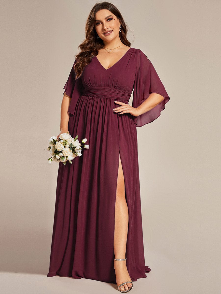 Plus Size Half Sleeve Pleated Chiffon Dress #color_Burgundy