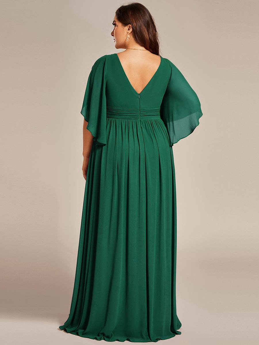 Plus Size Half Sleeve Pleated Chiffon Dress #color_Dark Green