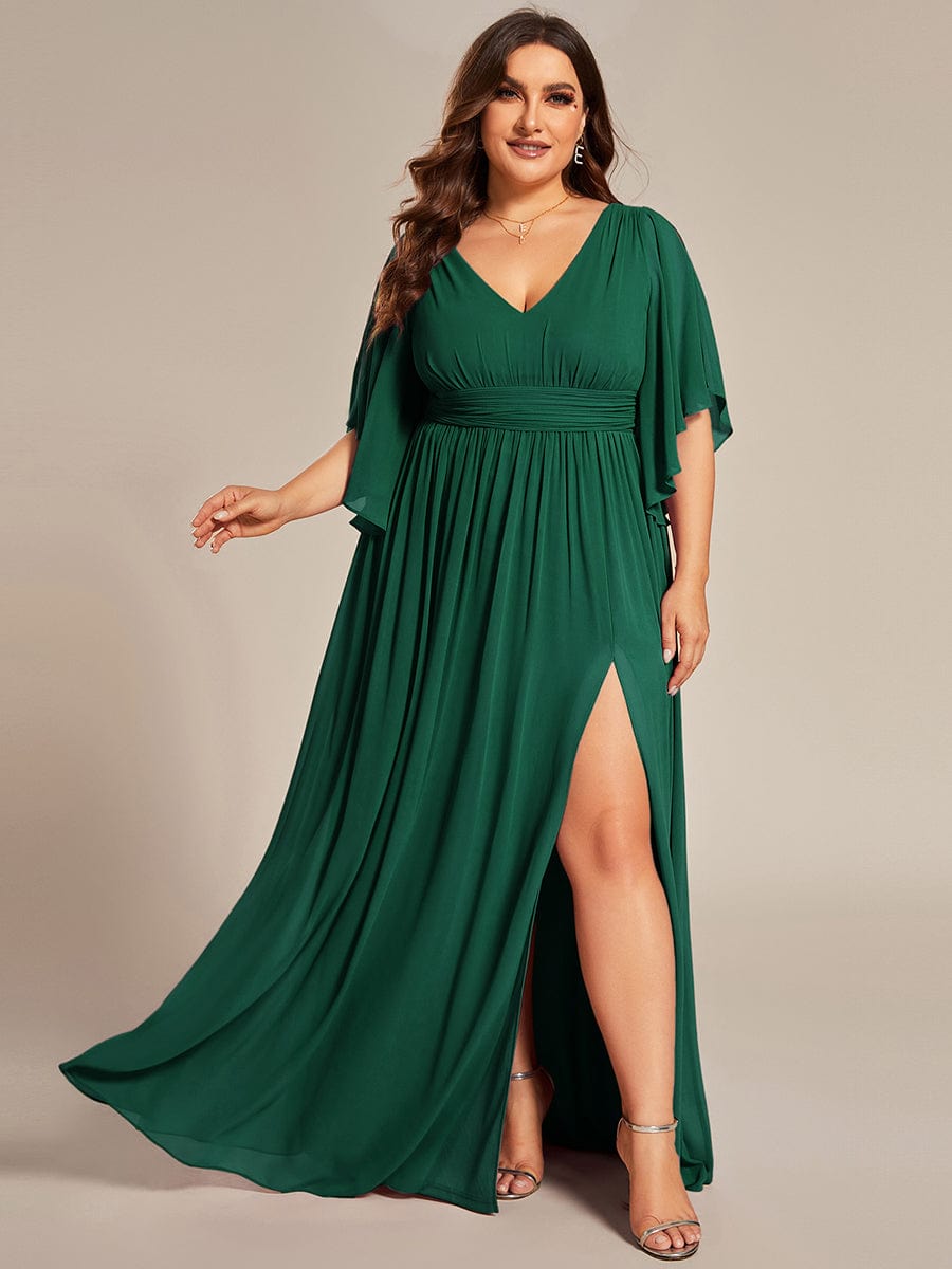 Plus Size Half Sleeve Pleated Chiffon Dress #color_Dark Green