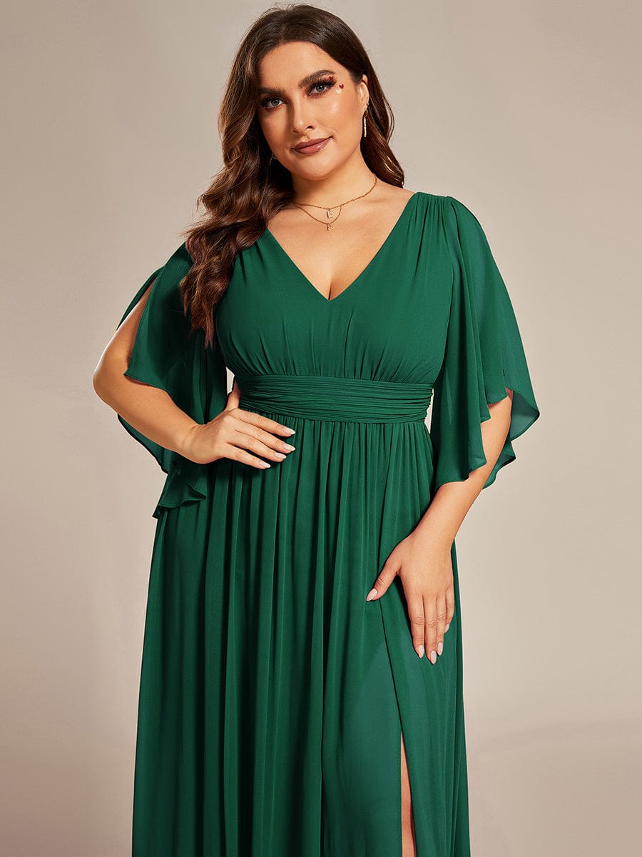 Plus Size Half Sleeve Pleated Chiffon Dress #color_Dark Green