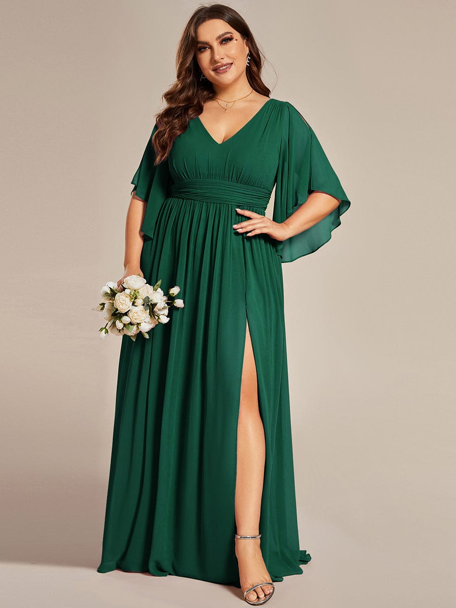 Plus Size Half Sleeve Pleated Chiffon Dress #color_Dark Green