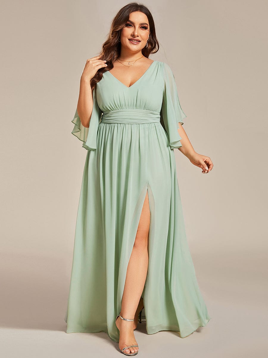 Plus Size Half Sleeve Pleated Chiffon Dress #color_Sage Green