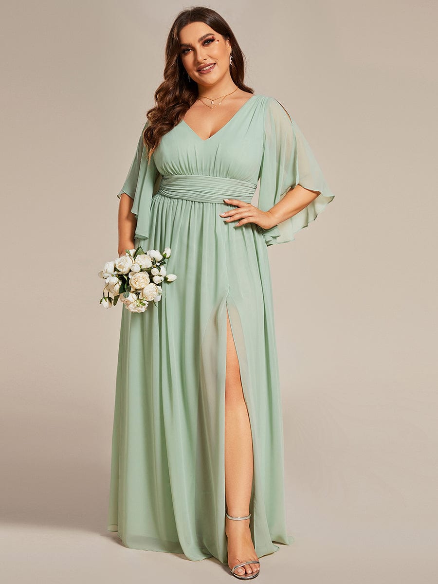 Plus Size Half Sleeve Pleated Chiffon Dress #color_Sage Green