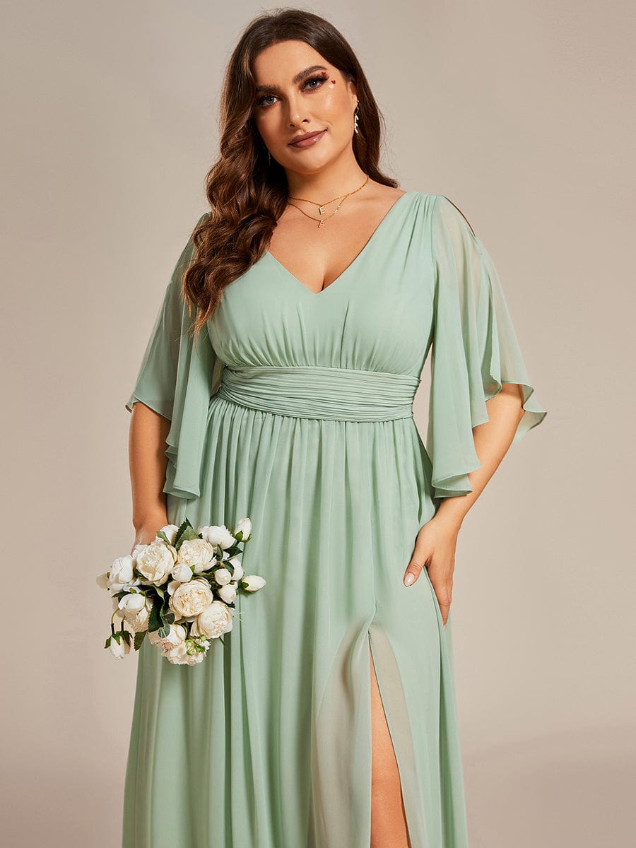 Plus Size Half Sleeve Pleated Chiffon Dress #color_Sage Green