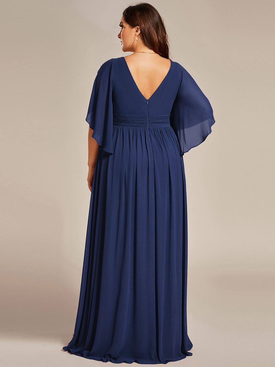 Plus Size Half Sleeve Pleated Chiffon Dress #color_Navy Blue