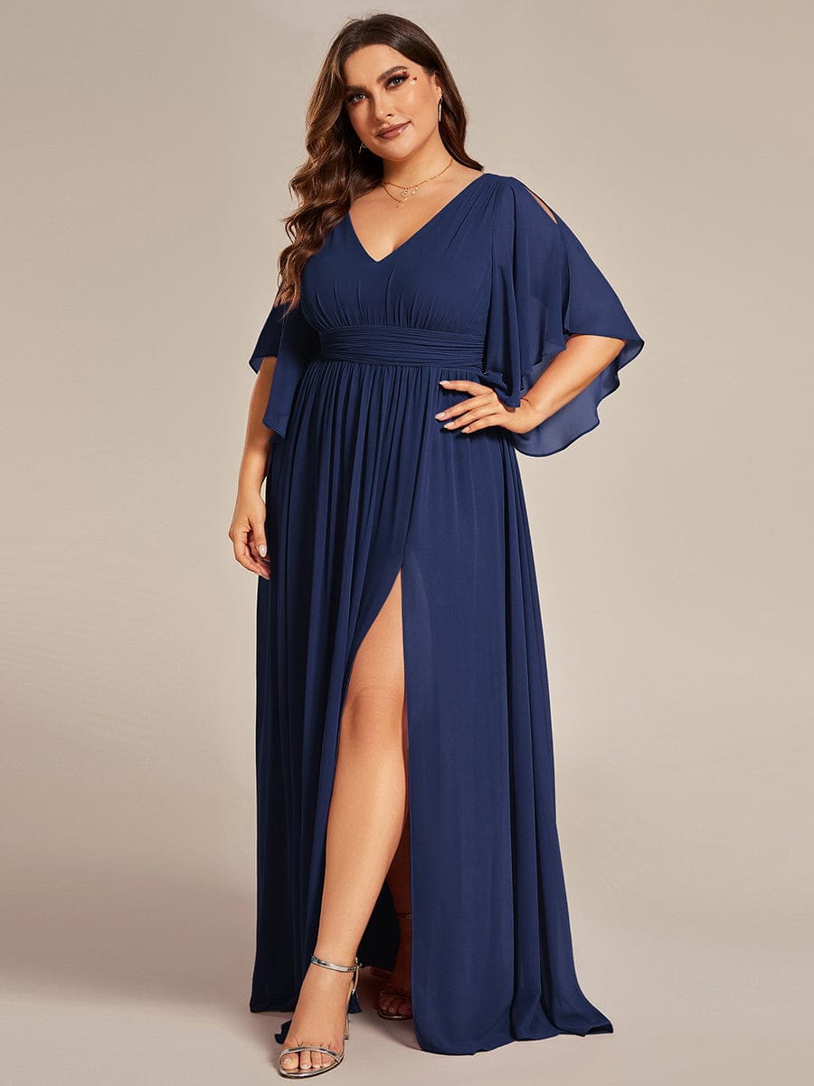 Plus Size Half Sleeve Pleated Chiffon Dress #color_Navy Blue