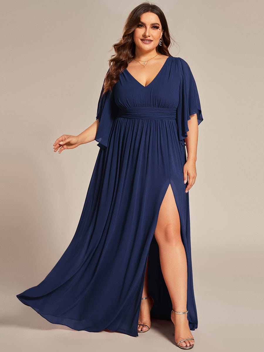 Plus Size Half Sleeve Pleated Chiffon Dress #color_Navy Blue