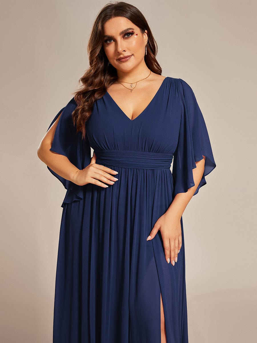 Plus Size Half Sleeve Pleated Chiffon Dress #color_Navy Blue