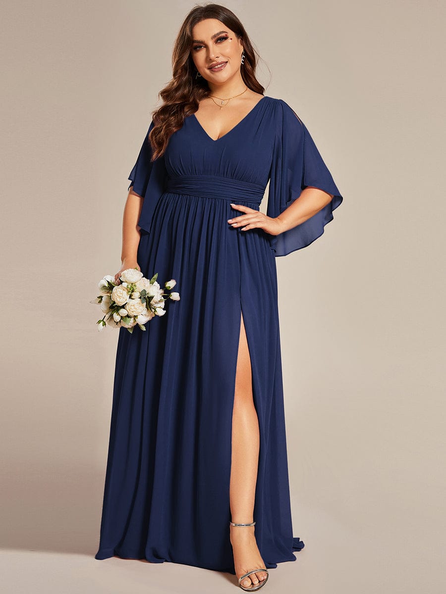 Plus Size Half Sleeve Pleated Chiffon Dress #color_Navy Blue