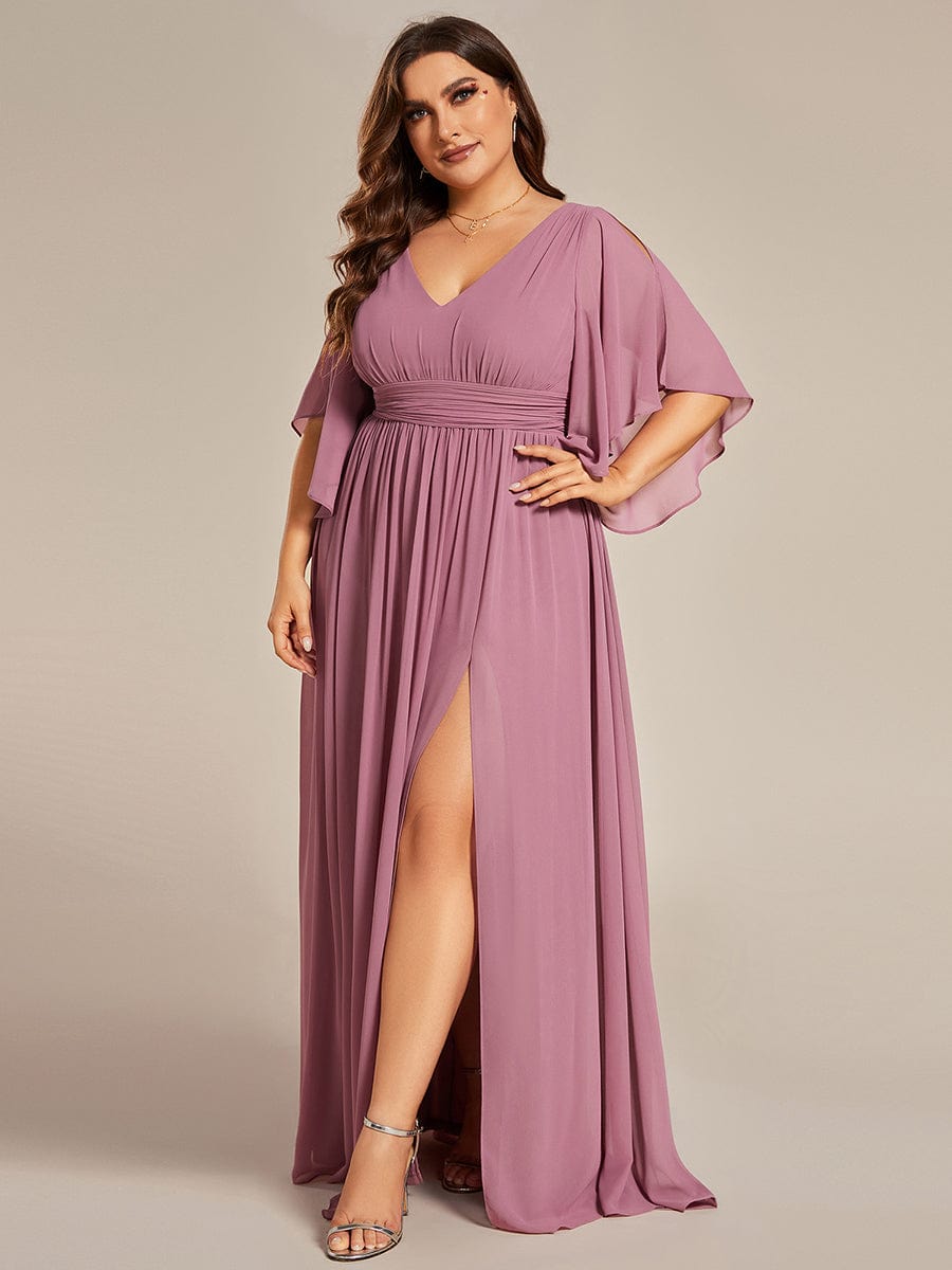 Plus Size Half Sleeve Pleated Chiffon Dress #color_Purple Orchid