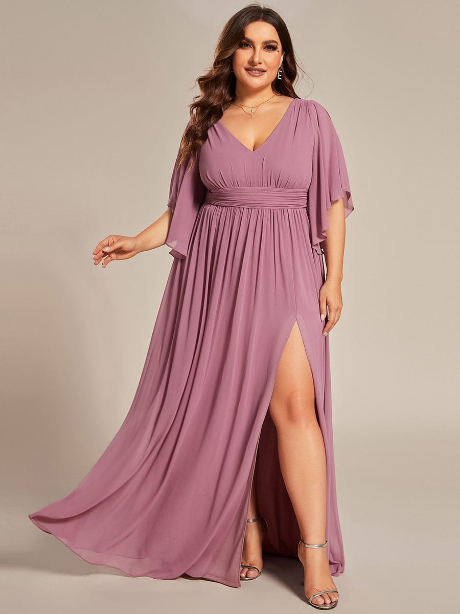 Plus Size Half Sleeve Pleated Chiffon Dress #color_Purple Orchid