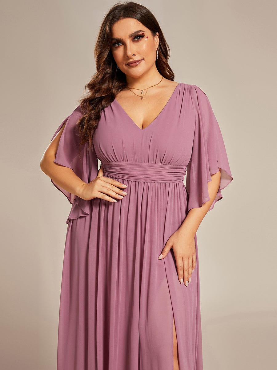 Plus Size Half Sleeve Pleated Chiffon Dress #color_Purple Orchid