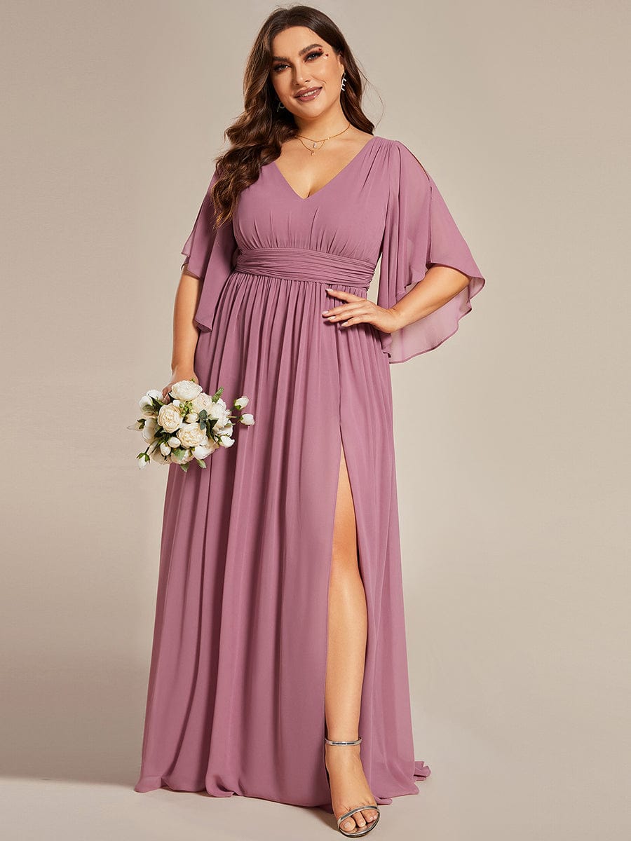 Plus Size Half Sleeve Pleated Chiffon Dress #color_Purple Orchid