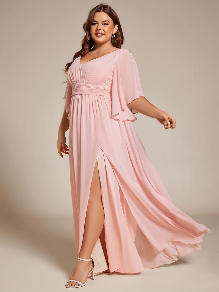 Plus Size Half Sleeve Pleated Chiffon Dress #color_Pink