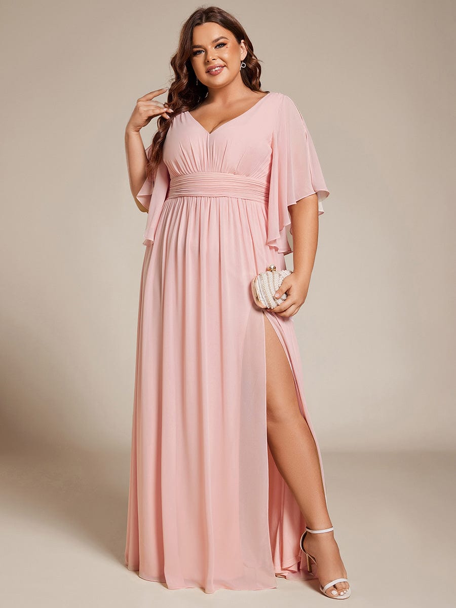 Plus Size Half Sleeve Pleated Chiffon Dress #color_Pink