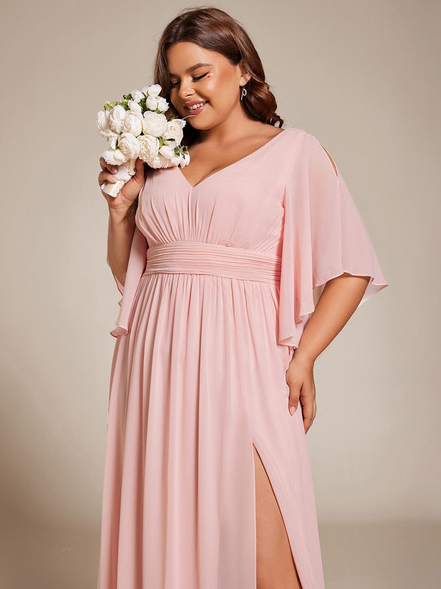 Plus Size Half Sleeve Pleated Chiffon Dress #color_Pink