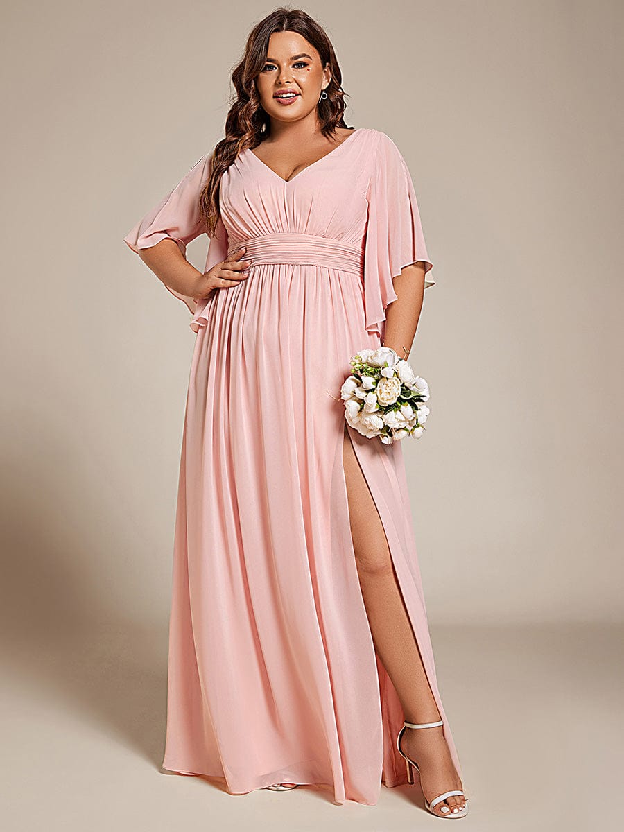 Plus Size Half Sleeve Pleated Chiffon Dress #color_Pink