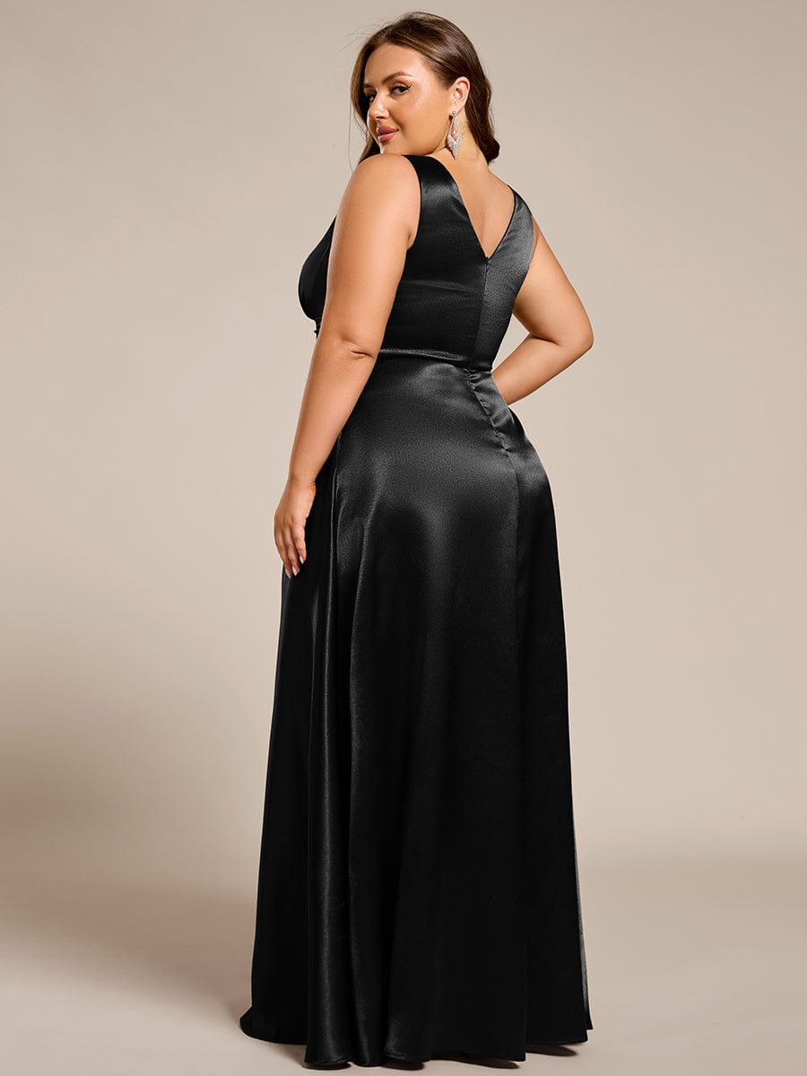 Plus Size Satin Empire Waist Maxi Dress with Pockets #color_Black