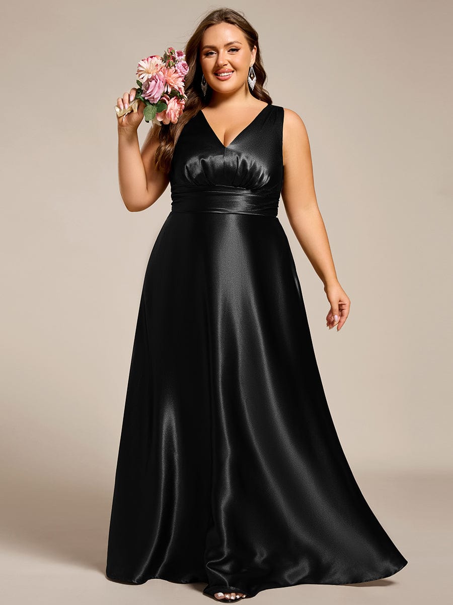 Plus Size Satin Empire Waist Maxi Dress with Pockets #color_Black