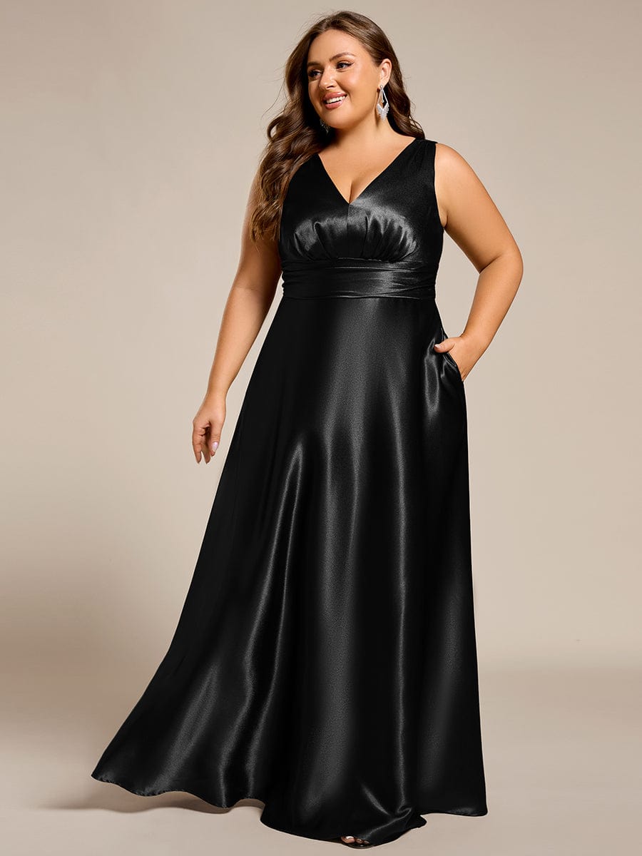 Plus Size Satin Empire Waist Maxi Dress with Pockets #color_Black