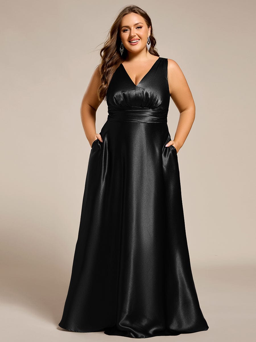 Plus Size Satin Empire Waist Maxi Dress with Pockets #color_Black