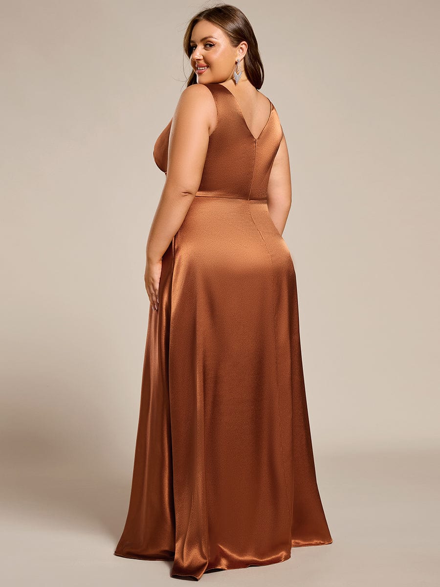 Plus Size Satin Empire Waist Maxi Dress with Pockets #color_Copper