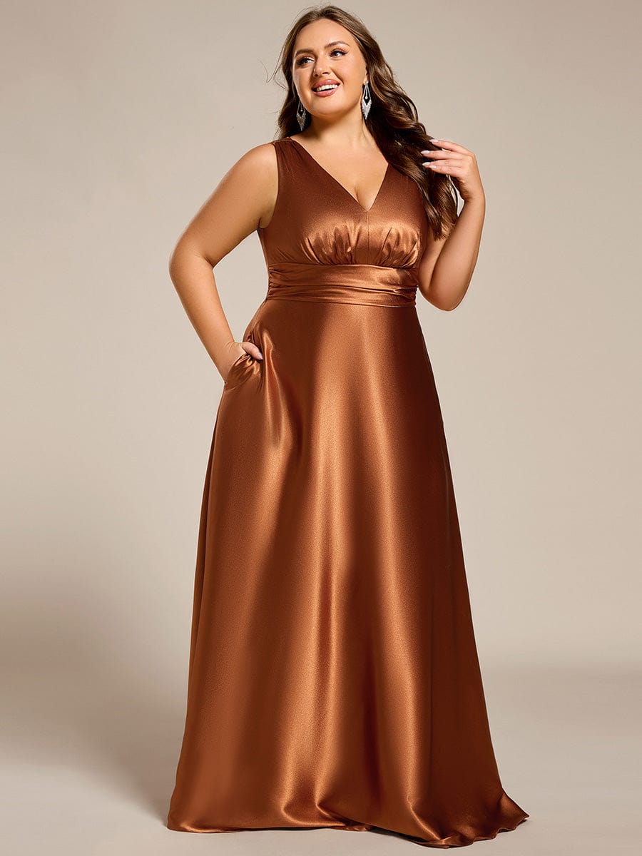 Plus Size Satin Empire Waist Maxi Dress with Pockets #color_Copper