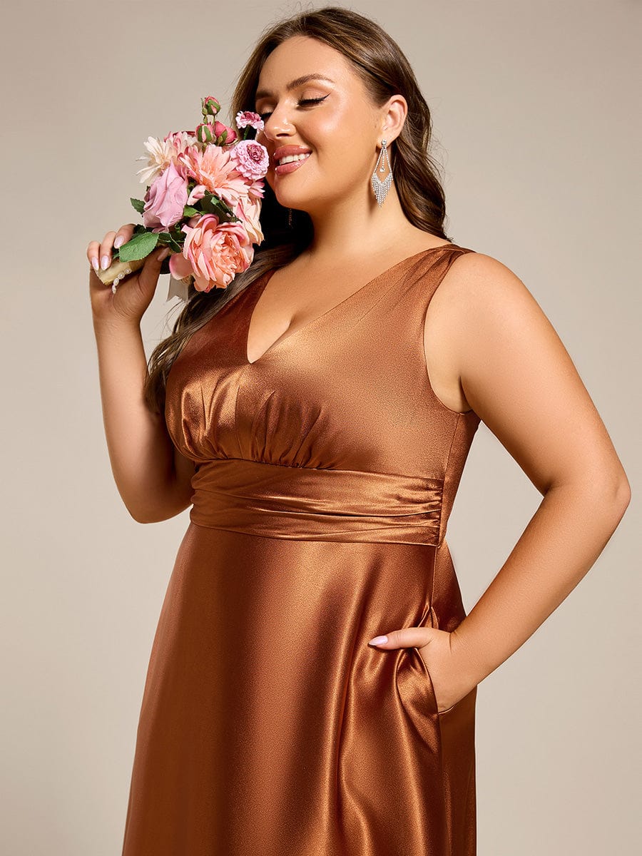 Plus Size Satin Empire Waist Maxi Dress with Pockets #color_Copper