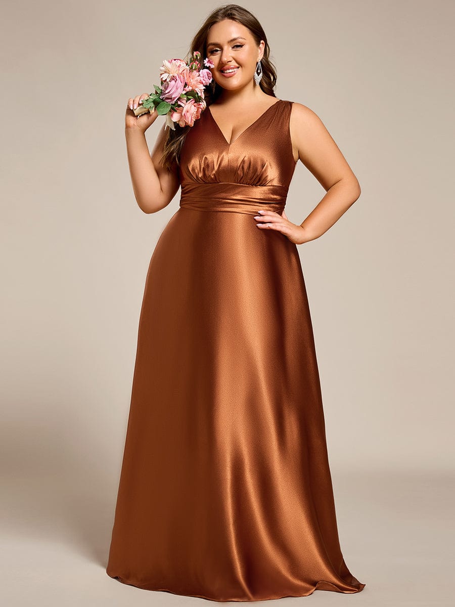 Plus Size Satin Empire Waist Maxi Dress with Pockets #color_Copper