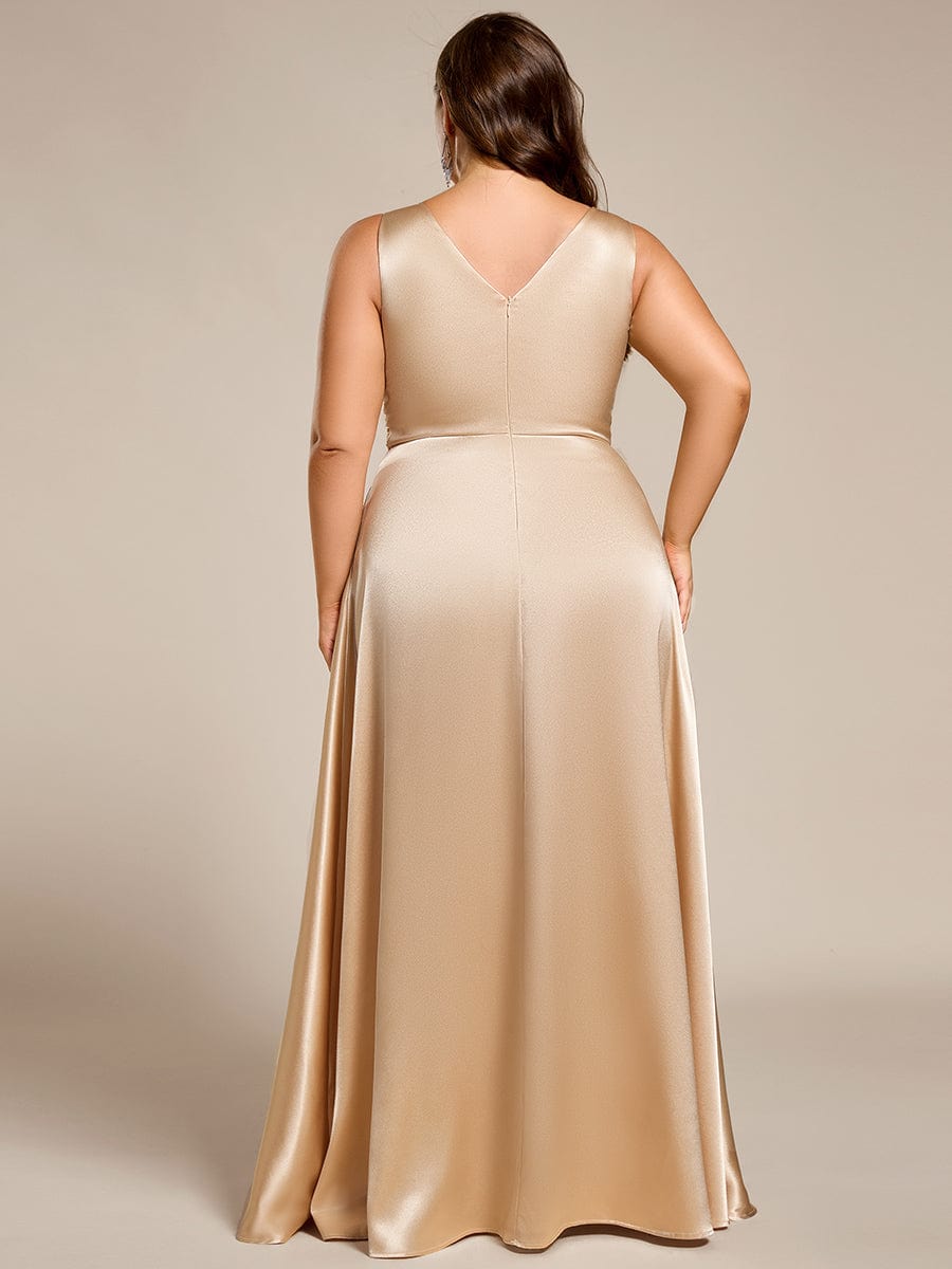 Plus Size Satin Empire Waist Maxi Dress with Pockets #color_Champagne