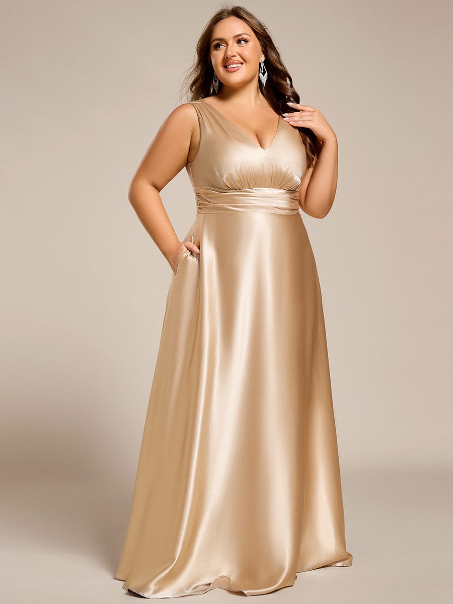 Plus Size Satin Empire Waist Maxi Dress with Pockets #color_Champagne