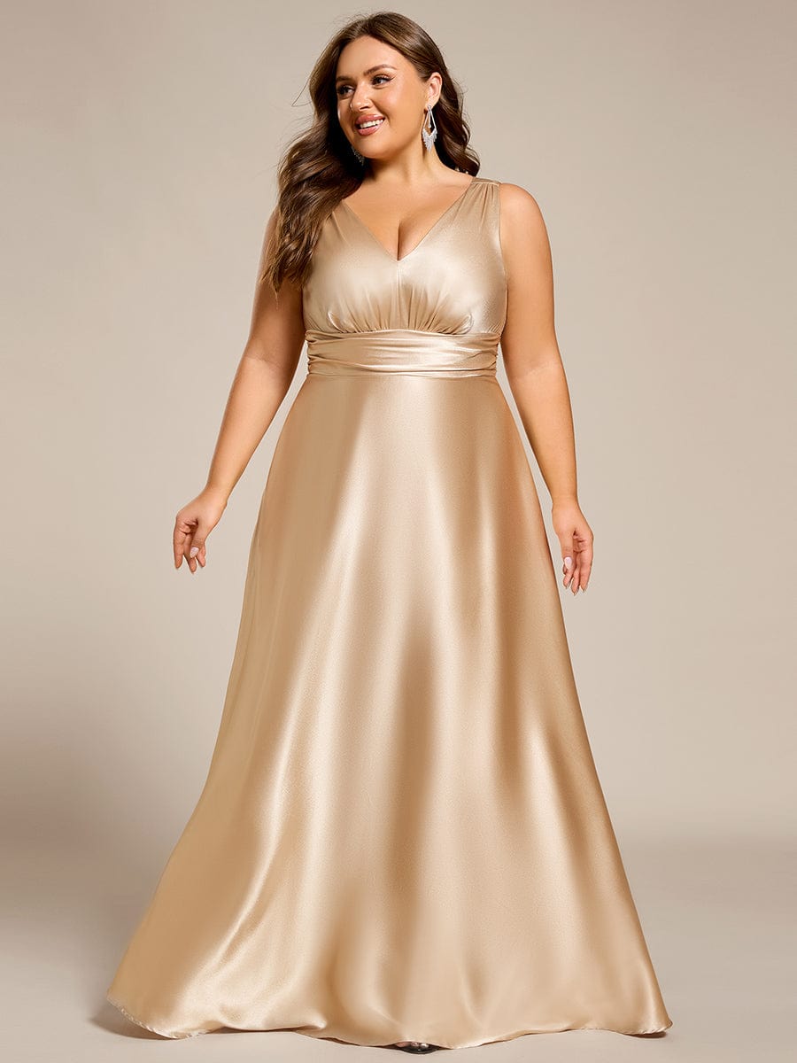 Plus Size Satin Empire Waist Maxi Dress with Pockets #color_Champagne