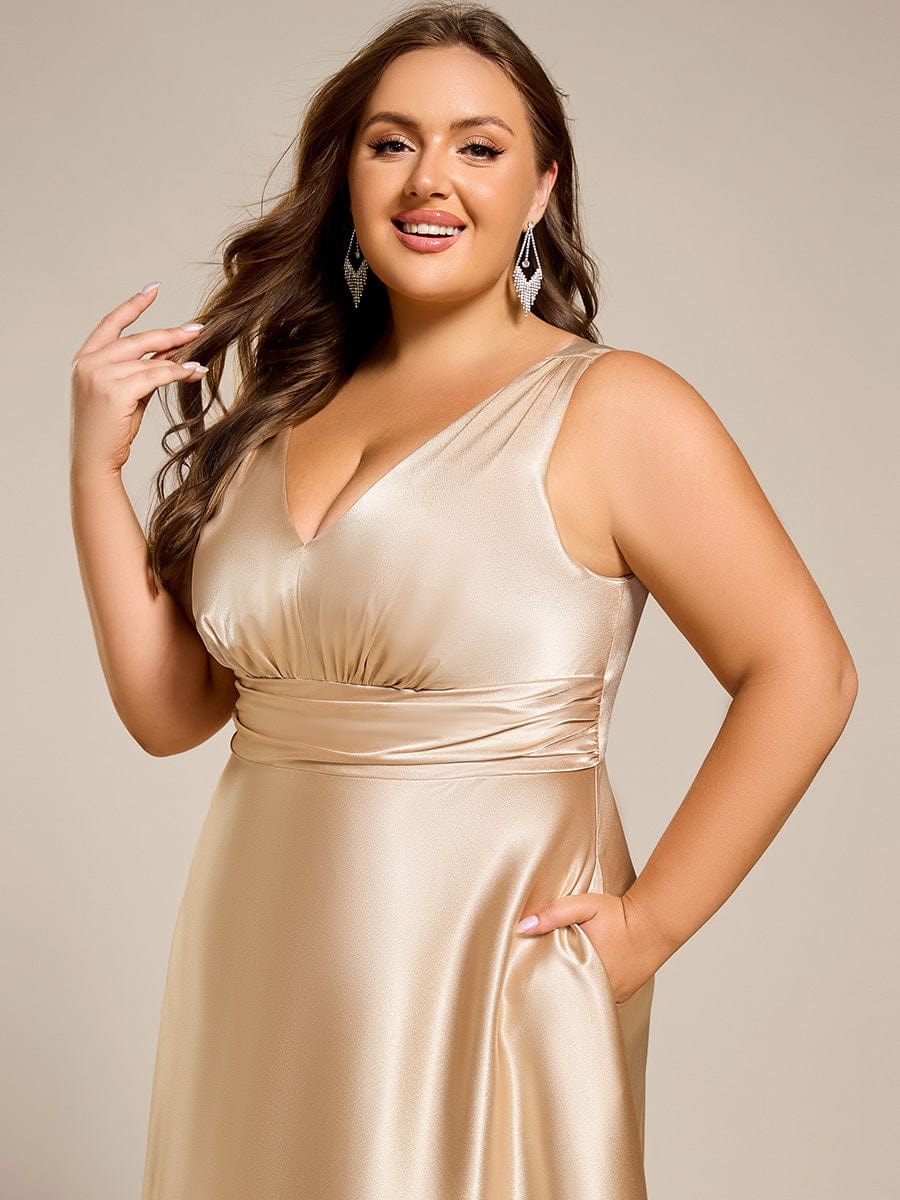 Plus Size Satin Empire Waist Maxi Dress with Pockets #color_Champagne