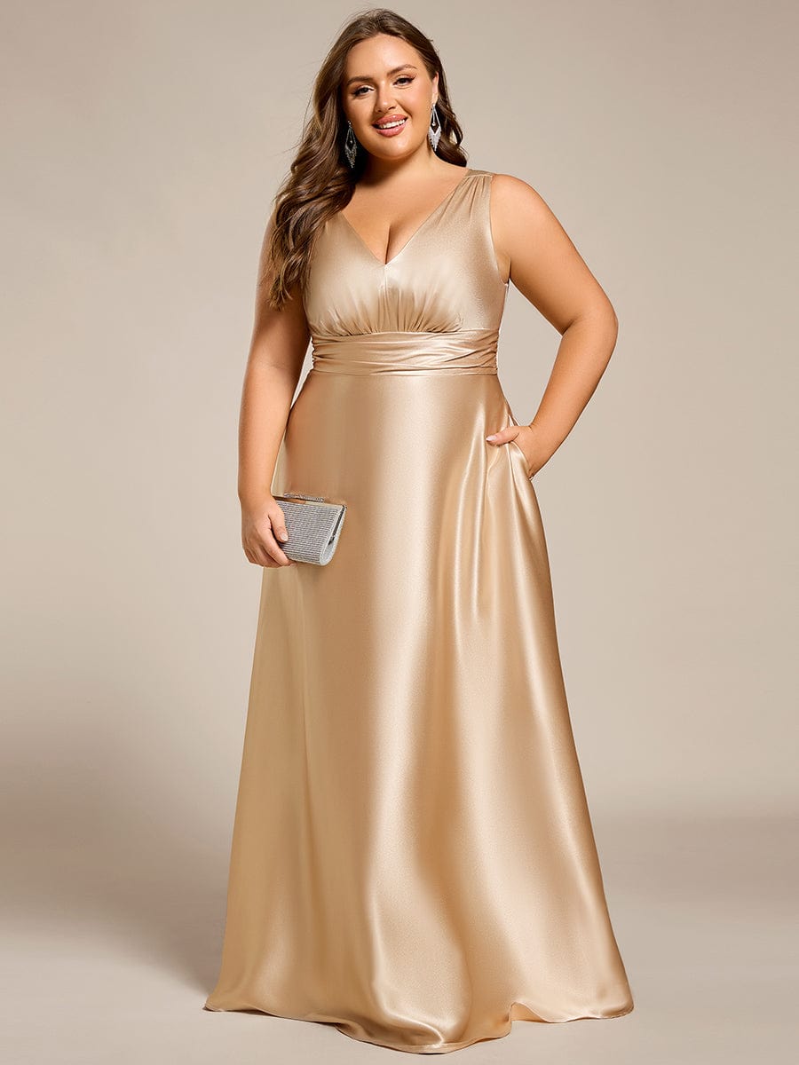 Plus Size Satin Empire Waist Maxi Dress with Pockets #color_Champagne