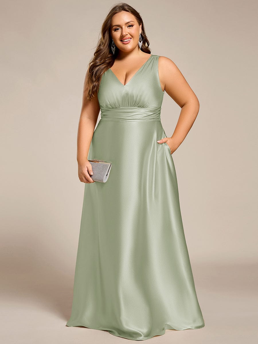 Plus Size Satin Empire Waist Maxi Dress with Pockets #color_Mint Green