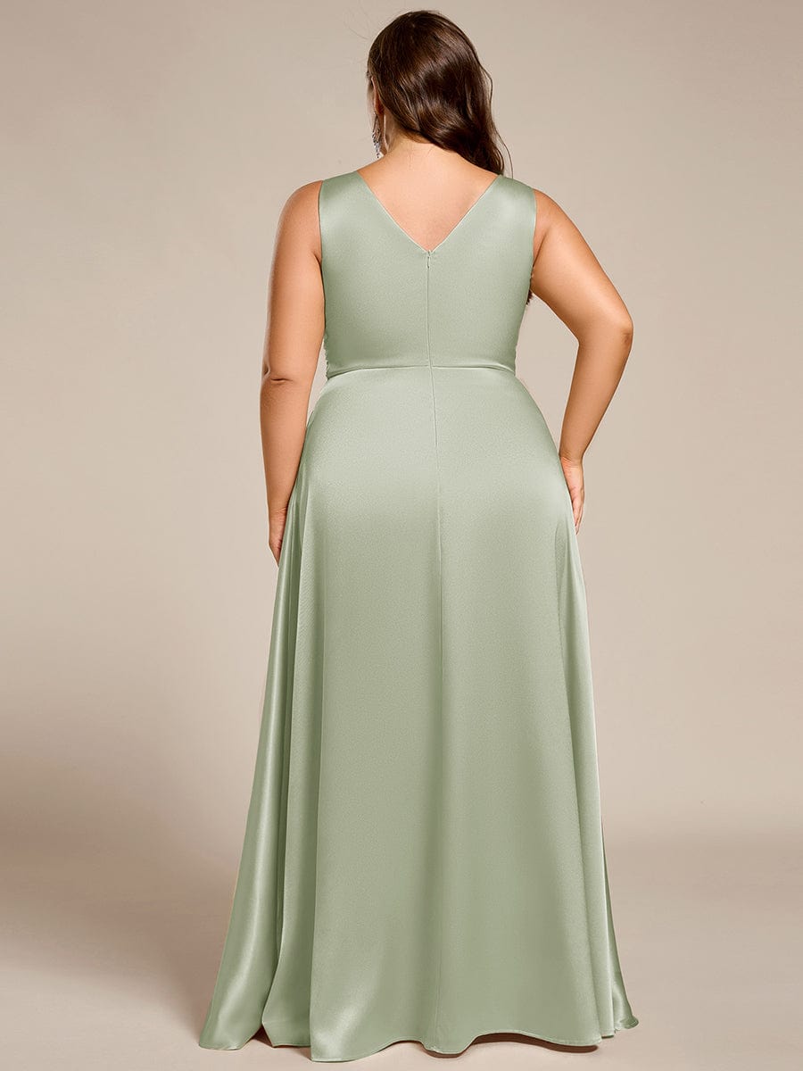 Plus Size Satin Empire Waist Maxi Dress with Pockets #color_Mint Green