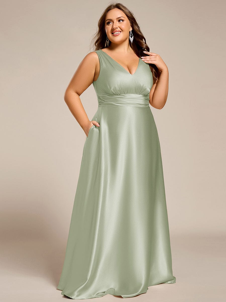 Plus Size Satin Empire Waist Maxi Dress with Pockets #color_Mint Green