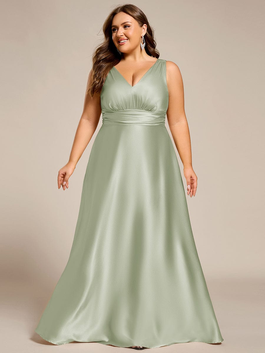 Plus Size Satin Empire Waist Maxi Dress with Pockets #color_Mint Green