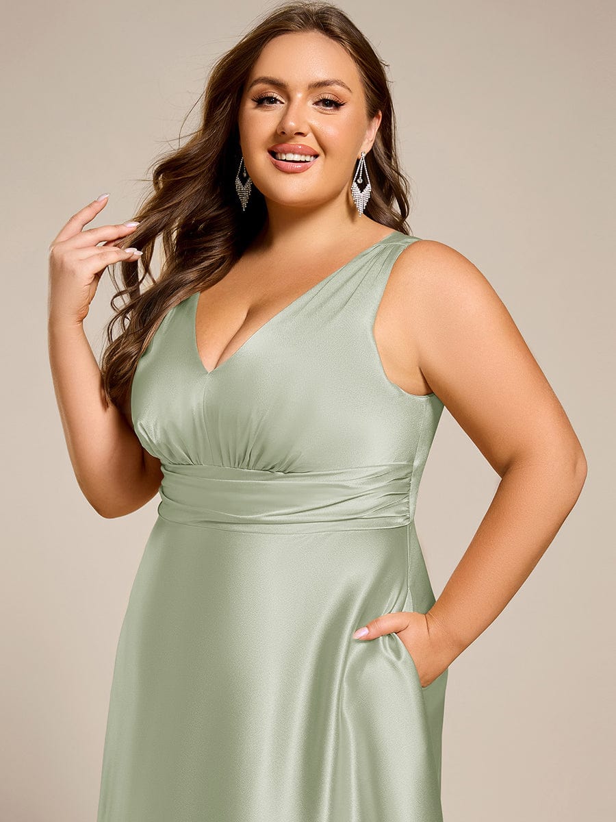 Plus Size Satin Empire Waist Maxi Dress with Pockets #color_Mint Green