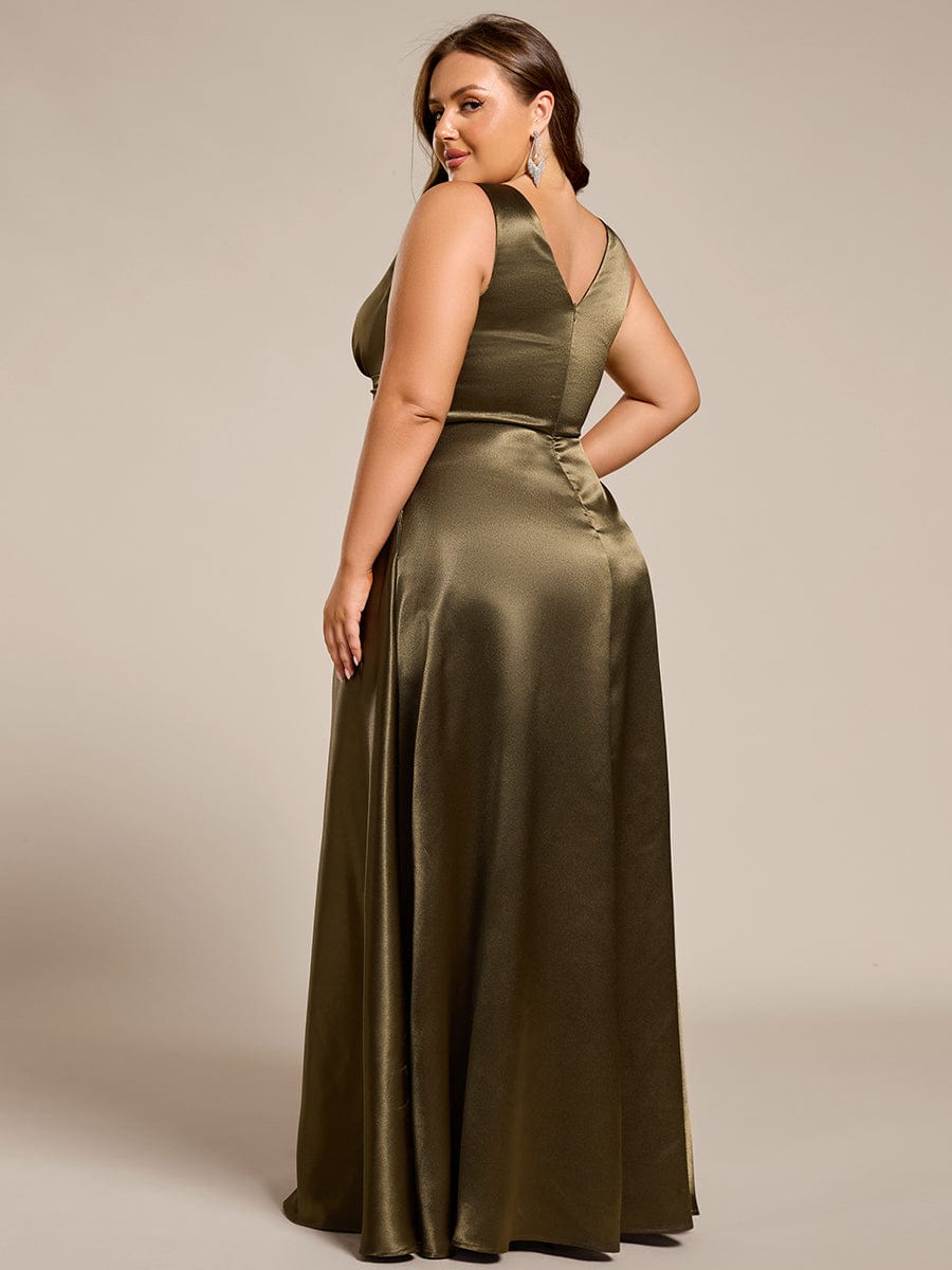 Plus Size Satin Empire Waist Maxi Dress with Pockets #color_Olive Green